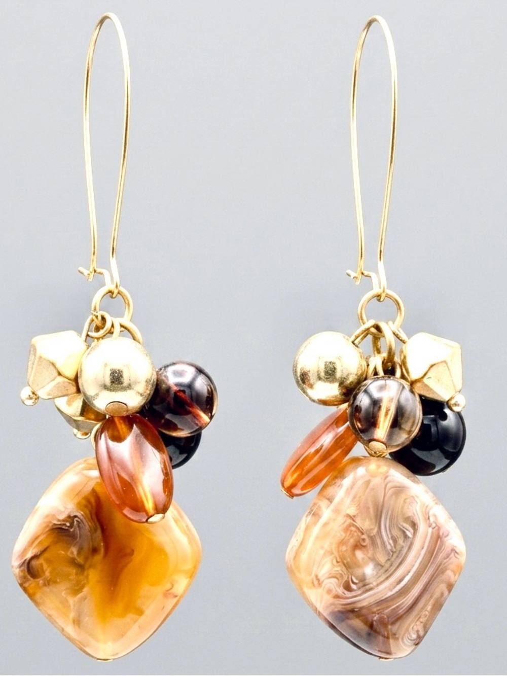 Boho Marbled Resin Cluster Dangle Earrings Gold Tone 3.5" Statement Earrings